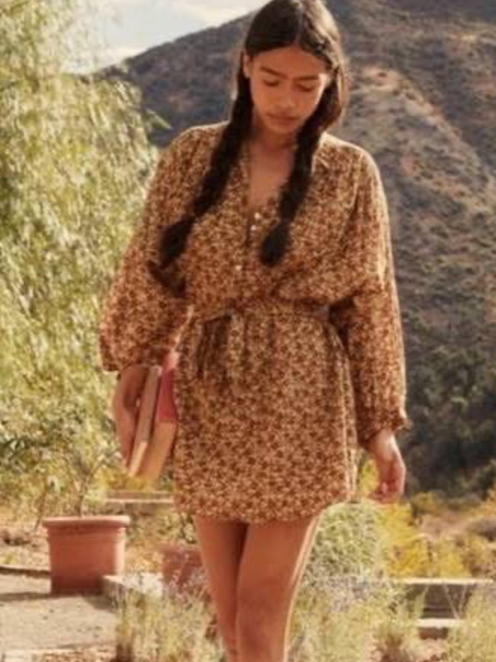 DÔEN Opal Dress, Golden Mesa Floral, Size L, Women's 100% Cotton Button Up Mini